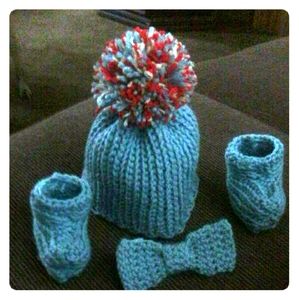 Handmade baby hat, shoes, and tie